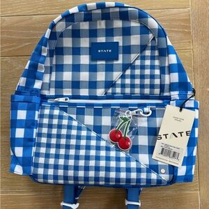 NWT State Kane Kids Travel Backpack - Blue and White Gingham with Cherry Charm